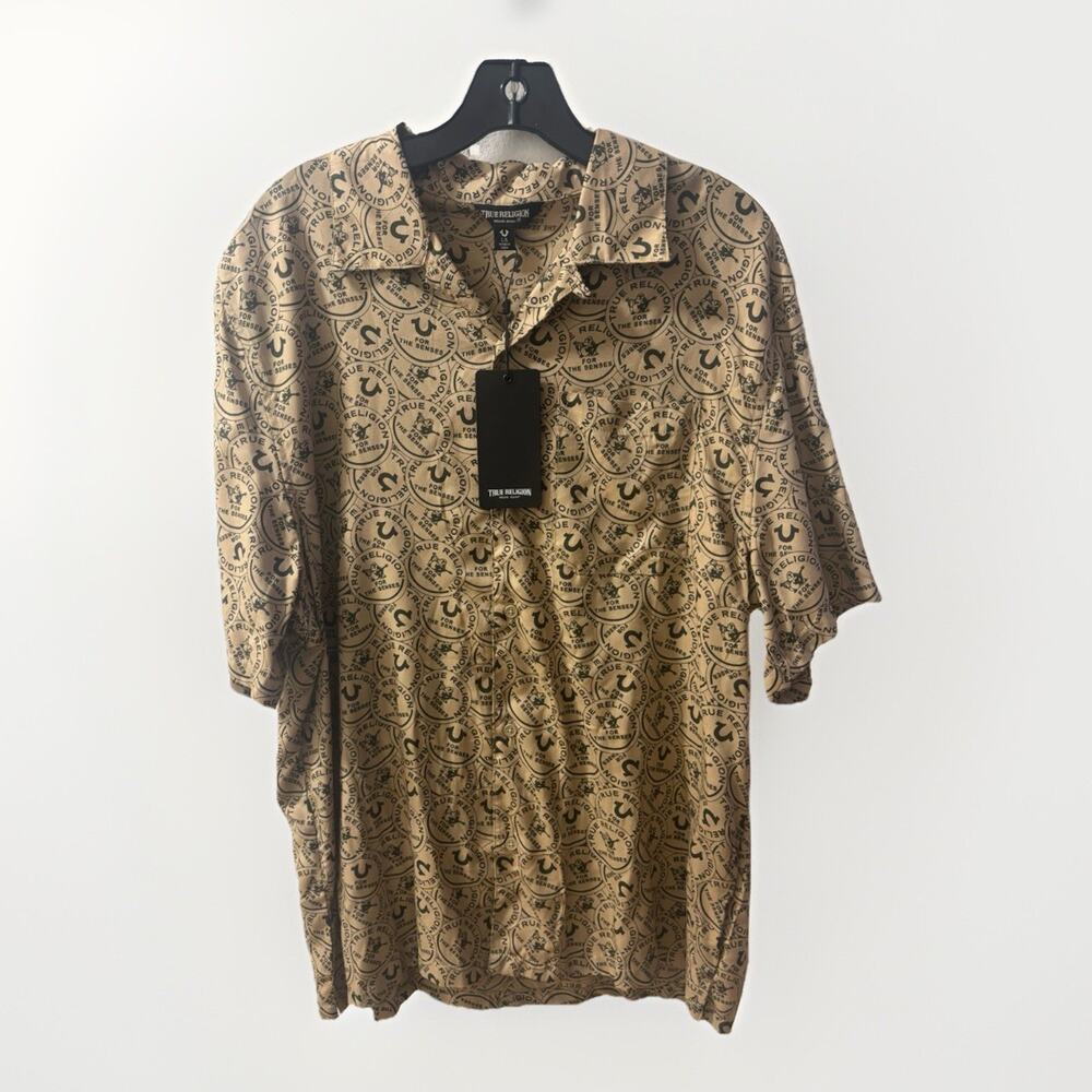 🌟 Rare True Religion Relaxed Button Down Shirt with Logo - Size L - Tan/Olive